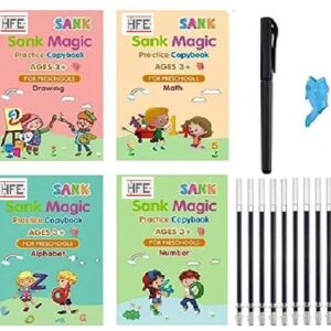 Sank Magic Practice Copybook | 4 BOOK + 10 REFILL+ 1 Pen +1 Grip | Good Book for Preschoolers | Reusable Magic Copybook Set (1 SET)