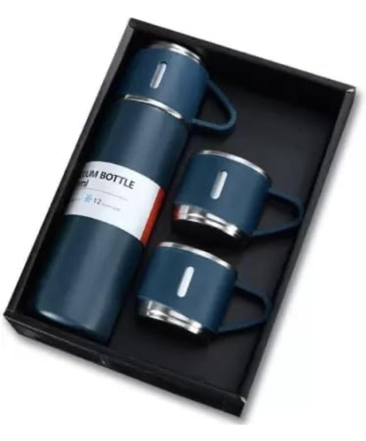 Stainless Steel Vacuum Insulated Bottle Water Flask Gift Set with Two Cups Hot & Cold | Diwali Gifts for Employees | Corporate Gift Items | Vacuum Flast Set with 2 Mugs (Dark Blue) - Image 2