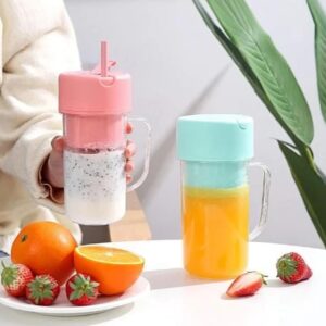Portable and USB rechargeable 2 in 1 Juicer with Handle & Straw for Juice, Smoothie Sipper (420 ML) 6 Stainless Steel Blades Compact Juicer Mixer (Blush Petal)