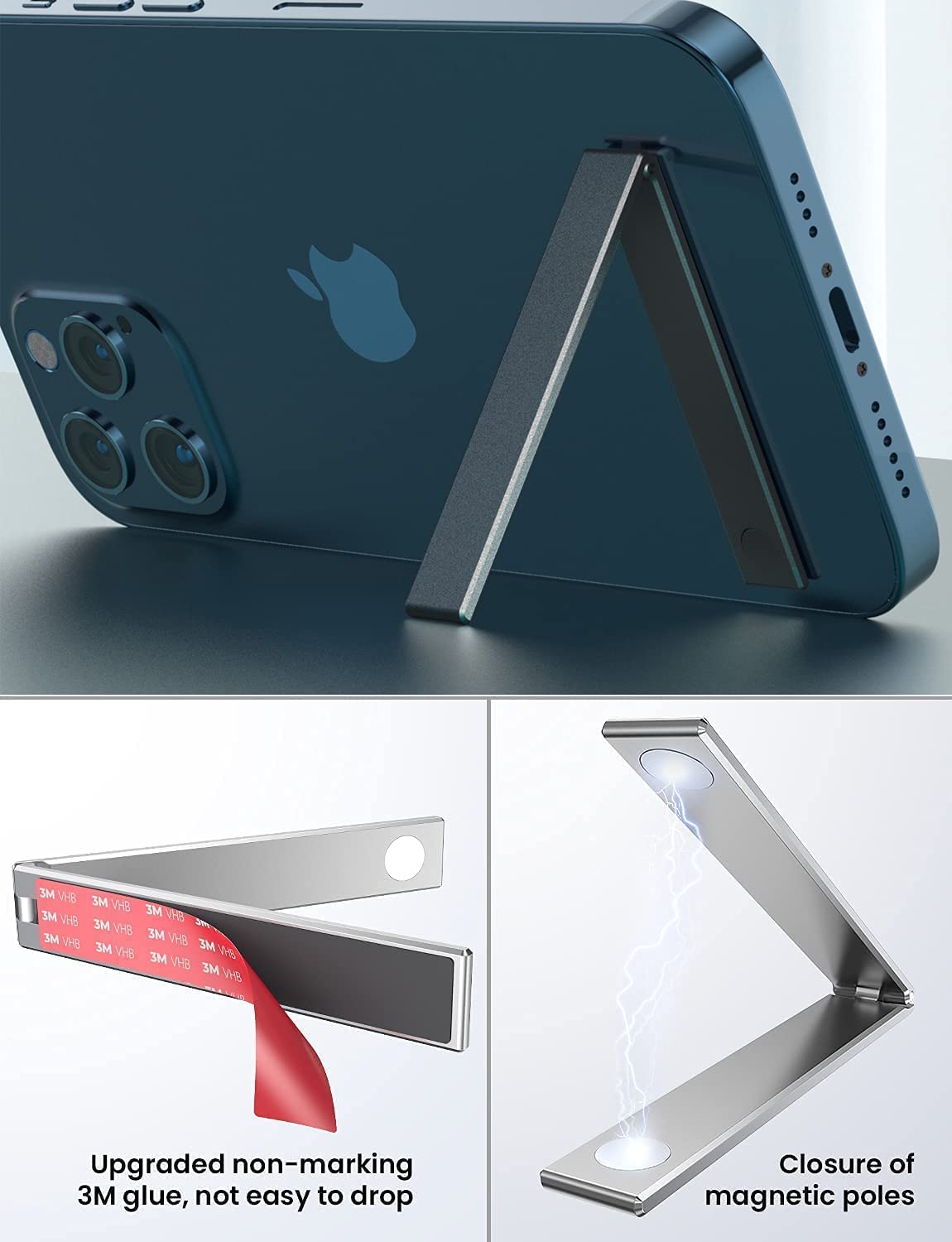 Aluminium Thin Pocket Magnetic Mobile Kickstand Compatible for Any Cellphone, Vertical and Horizontal Tabletop Adjustable Angle (Black) - Image 2