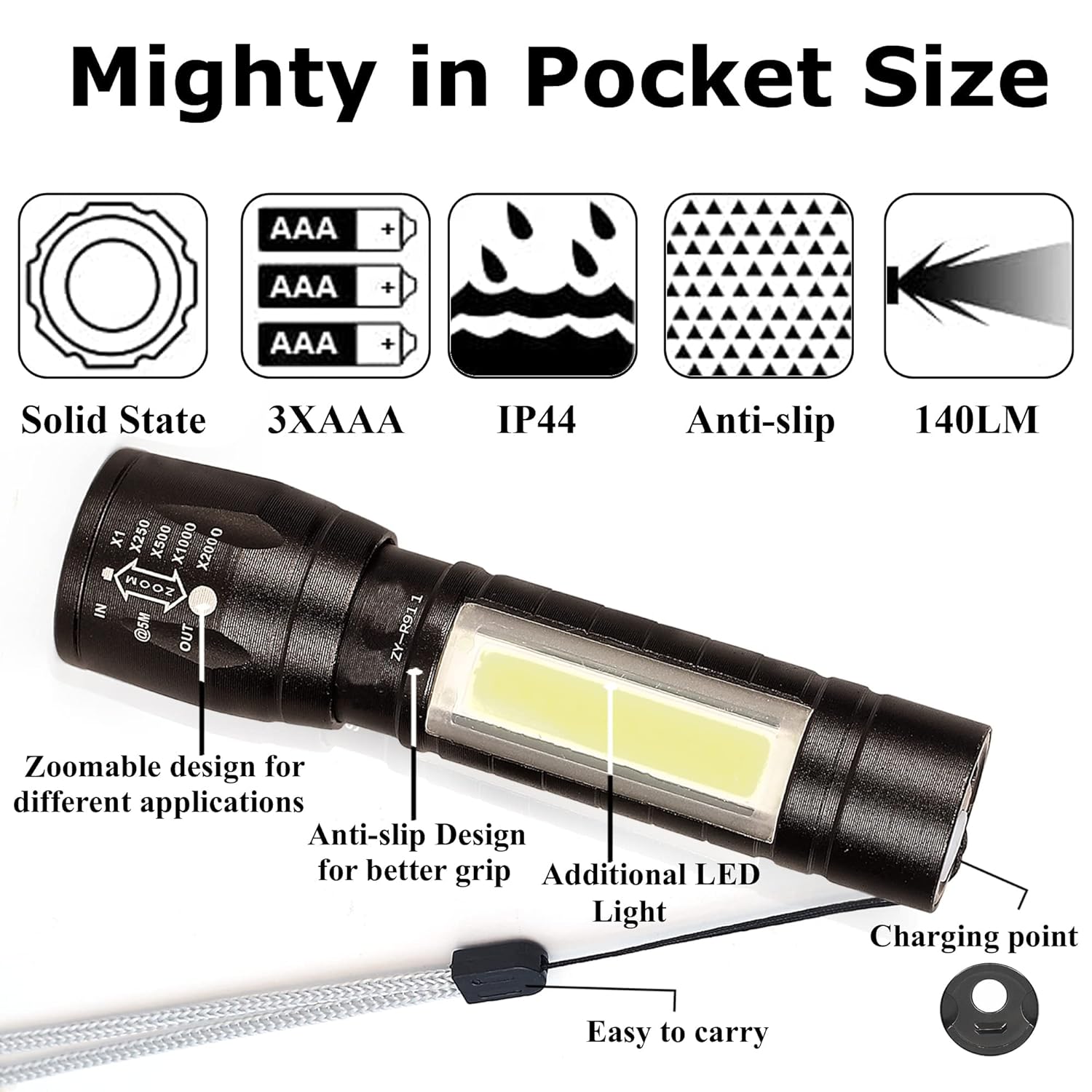 High Quality LED Flashlight With COB Light Mini Waterproof Portable LED XPE COB Flashlight USB Rechargeable 3 Modes Pen Clip Light Flashlight With Hanging Rope Small Size Black Colored - Image 2
